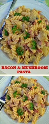 Bacon and Mushroom Pasta in a delicate, light sauce ~ This dish is ready in under 20 minutes and enough for 6 full servings #BaconPasta #PastaDinner #QuickPasta #WithABlast