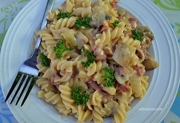 Bacon and Mushroom Pasta in a delicate, light sauce ~ This dish is ready in under 20 minutes and enough for 6 full servings Bacon and Mushroom Pasta in a delicate, light sauce ~ This dish is ready in under 20 minutes and enough for 6 full servings