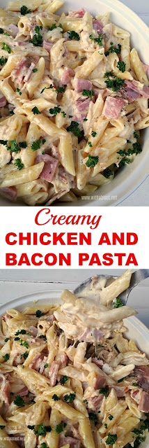 Cheesy Garlic Cream Cheese sauce, Bacon, Chicken and more - this is the ultimate comfort food ! 