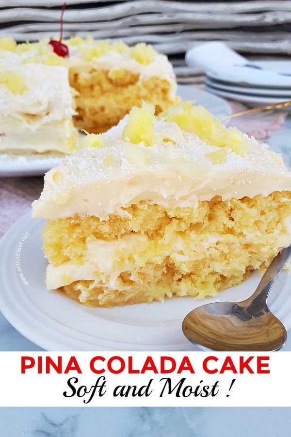 Pina Colada Cake is so soft and moist with an equally delicious frosting - filled with the flavors of the tropical cocktail which just screams Summer ! #PinaColadaCake #SummerCake #PineappleCake