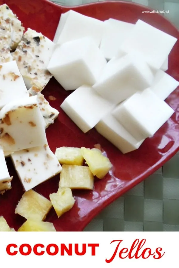 These Coconut Jellos are such an easy to make sweet treat - light and refreshing especially when served with fresh fruit pieces #CoconutJelloRecipe #SweetTreats #SummerTreats 