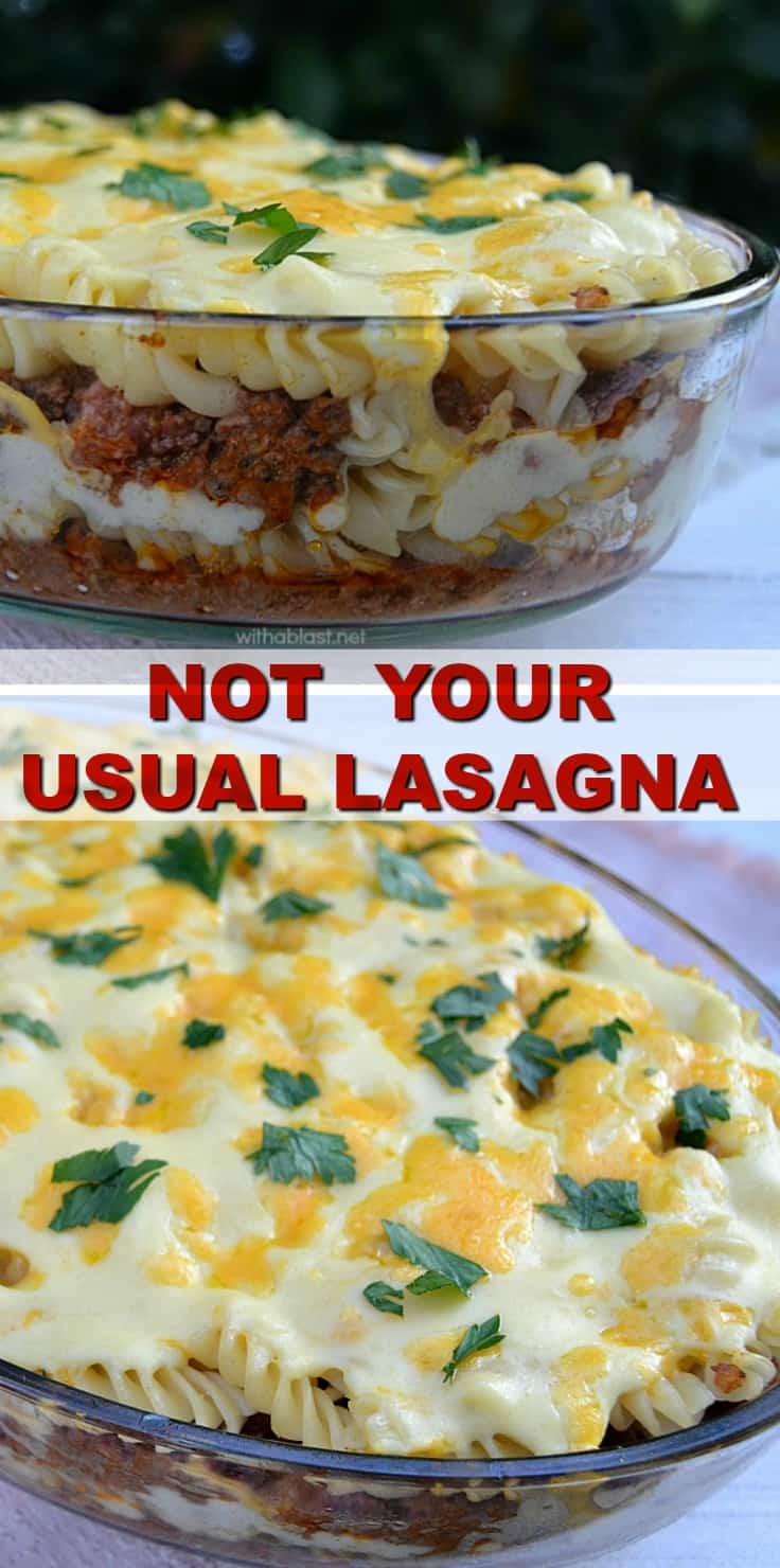 Not Your Usual Lasagna is exactly that ! Easier and more filling (with BACON too!) than the traditional lasagnas ~ Layers of deliciousness ! #Lasagna #EasyLasagna #ComfortFood #PastaDinner