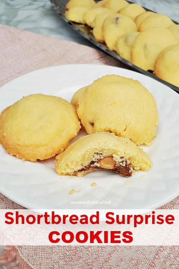 Buttery Shortbread Surprise Cookies have a delicious whole nut chocolate center - pure cookie bliss and you will not be able to stop eating these cookies! #CookieRecipes #Cookies #HolidayBaking #ShortbreadRecipes #EasyShortbreadRecipe