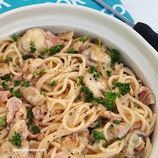 20 Minutes is all you need to get this Creamy Bacon and Mushroom Pasta on the table ! Recipe yield 8 adult sized servings [can easily be halved/doubled]