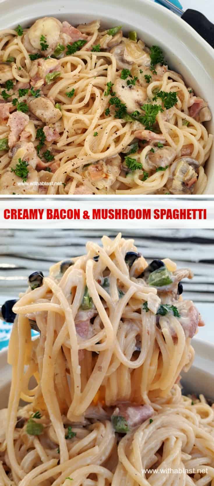 20 Minutes is all you need to get this Creamy Bacon and Mushroom Pasta on the table ! Recipe yield 8 adult sized servings [can easily be halved/doubled] #PastaRecipes #PastaDinner #BaconPasta #CreamyPastaDinner #ComfortFood