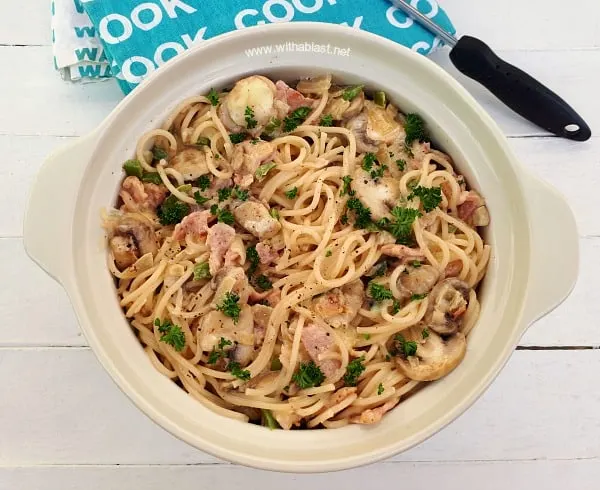 20 Minutes is all you need to get this Creamy Bacon and Mushroom Pasta on the table ! Recipe yield 8 adult sized servings [can easily be halved/doubled]