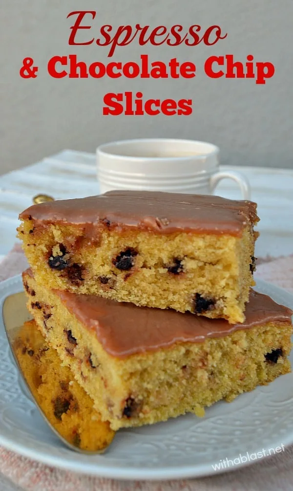 Espresso and Chocolate Chip Slices [sheet pan recipe] are delicious, especially with a cup of freshly brewed coffee - at teatime or for dessert - Quick, easy recipe.