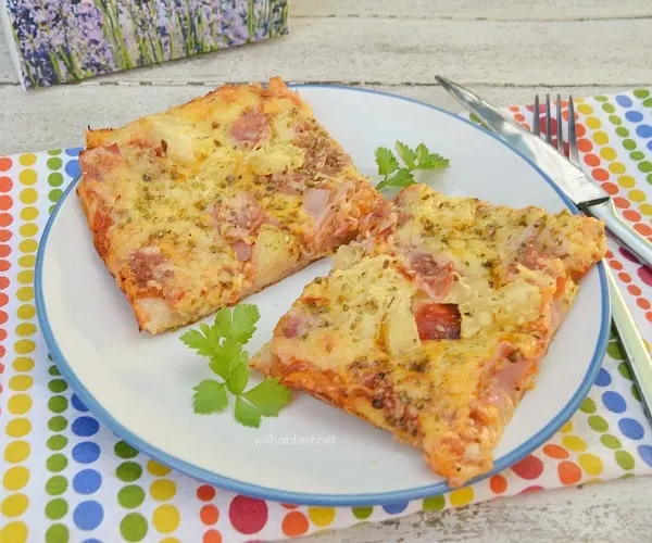 Make & bake these baking sheet Hawaiian Pizza faster than a delivery would take ! 16 Slices in under 30 minutes ! Lazy Cook's Hawaiian Pizza