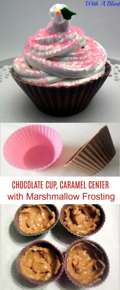 A Chocolate cup filled with Caramel and topped with homemade Marshmallow Frosting