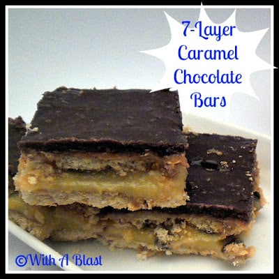 7-Layer Caramel Chocolate Bars with not only caramel and chocolate but also coconut - perfect dessert or as part of a sweet party platter