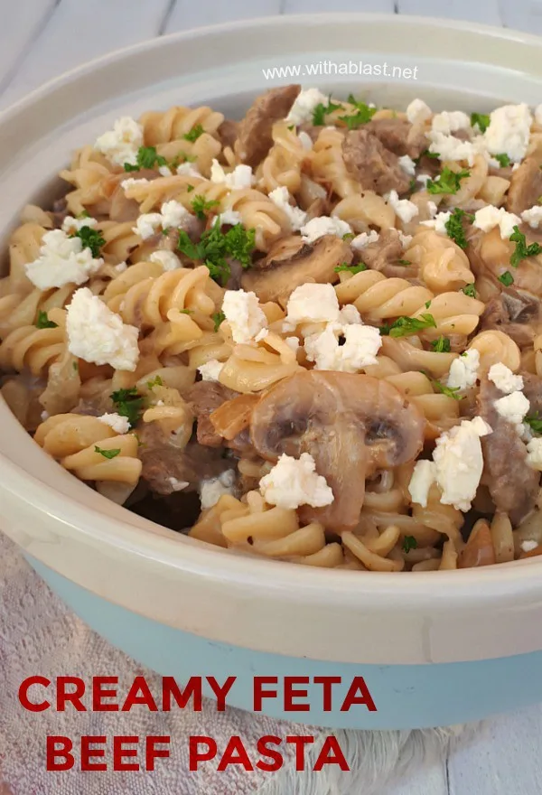 This 30 minute creamy Feta Beef Pasta dinner is a long time family favorite !