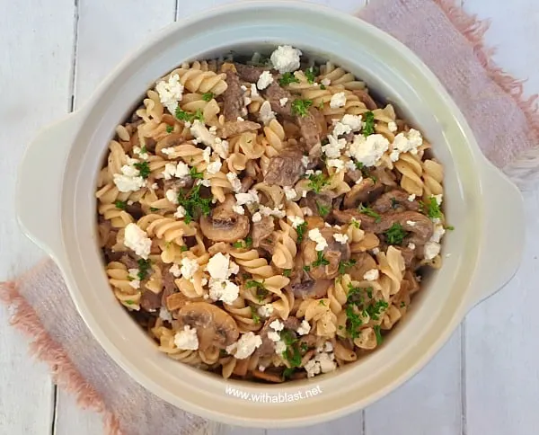 This 30 minute creamy Feta Beef Pasta dinner is a long time family favorite !