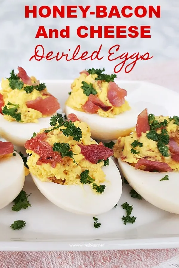 These Honey-Bacon and Cheese Deviled Eggs with a salty-sweet taste are made in a flash and a must have snack for savory platters - parties, Game day etc #DeviledEggsRecipe #HoneyBaconEggs #SnackRecipes #AppetizerRecipes #FestiveSeason 