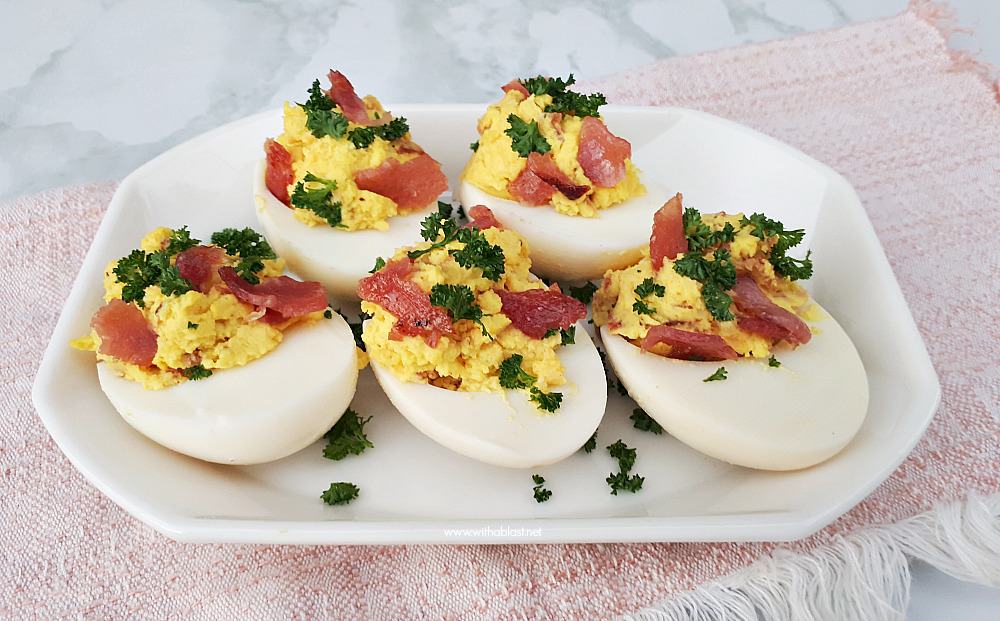 These Honey-Bacon and Cheese Deviled Eggs with a salty-sweet taste are made in a flash and a must have snack for savory platters - parties, Game day etc