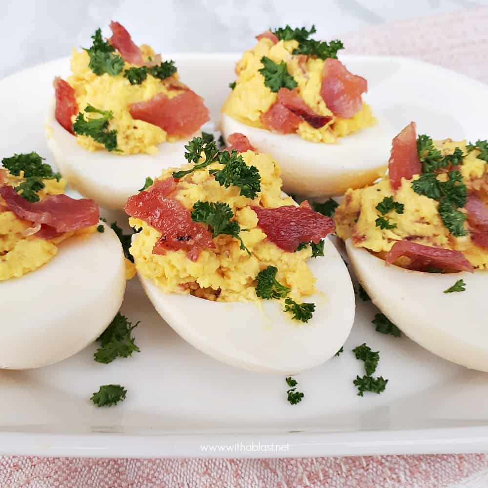 These Honey-Bacon and Cheese Deviled Eggs with a salty-sweet taste are made in a flash and a must have snack for savory platters - parties, Game day etc