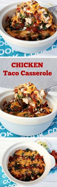 Layers of cheesy comfort food ! The spinach makes this Chicken Taco Casserole and even non-spinach eaters loves it