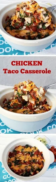 Layers of cheesy comfort food ! The spinach makes this Chicken Taco Casserole and even non-spinach eaters loves it