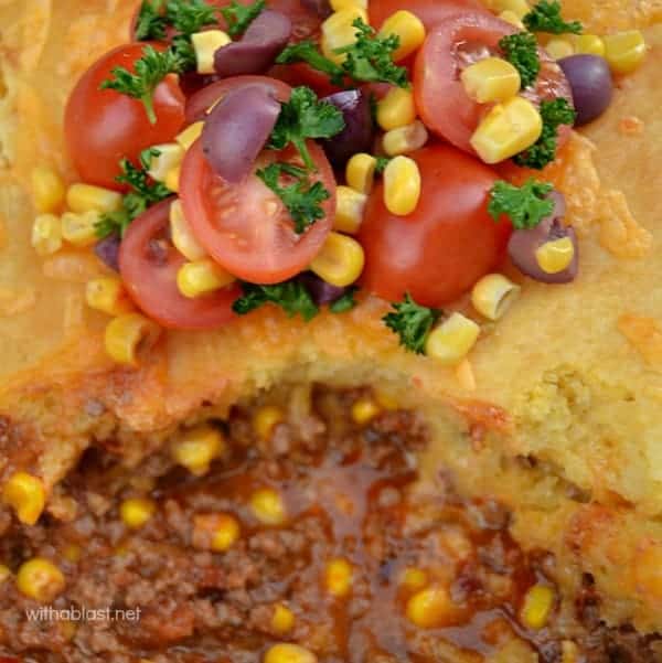 Mexicali Hamburger Casserole is a mouthwatering, ground beef based dish with a cornbread topping. Recipe enough for 6 large servings.