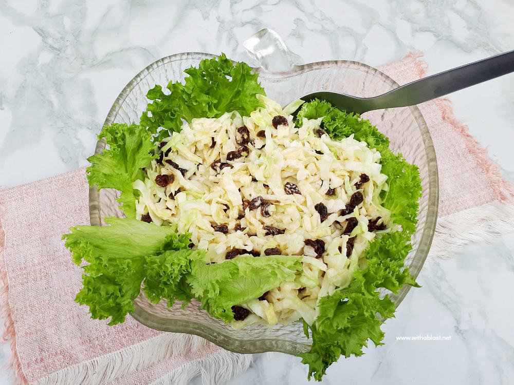 Simple, yet delicious, Cabbage and Onion Salad with raisins is the ideal addition to most main meals and especially good served with barbecued meat