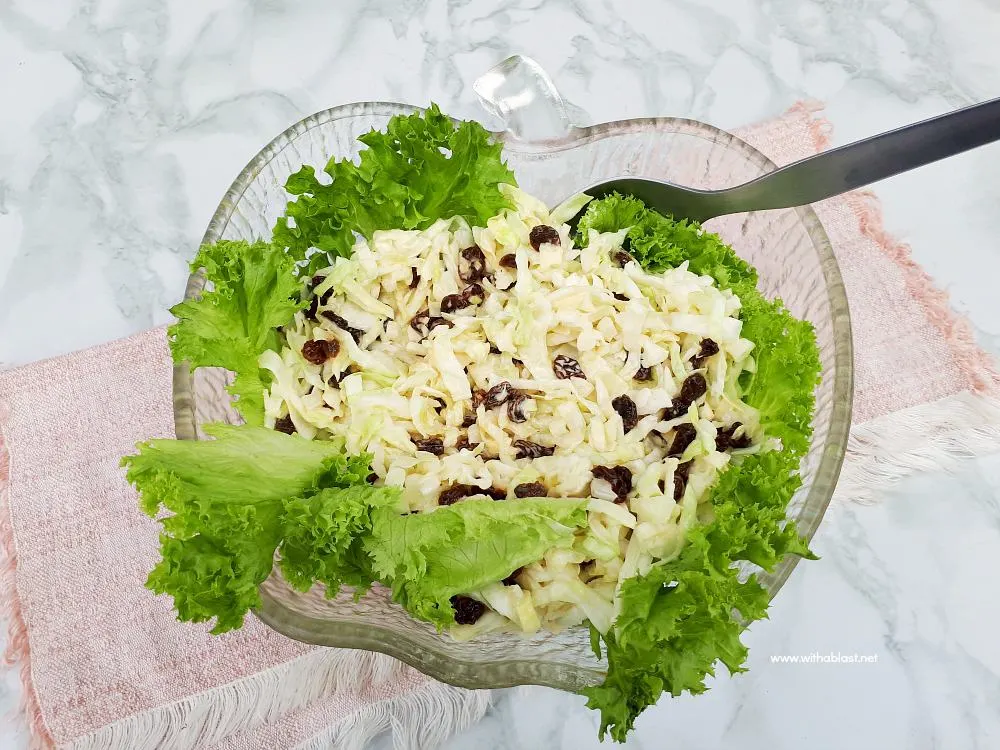 Simple, yet delicious, Cabbage and Onion Salad with raisins is the ideal addition to most main meals and especially good served with barbecued meat Simple, yet delicious, Cabbage and Onion Salad with raisins is the ideal addition to most main meals and especially good served with barbecued meat