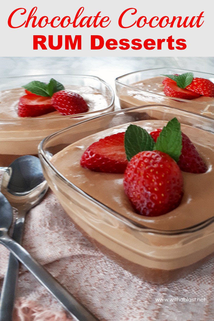 Chocolate Coconut Rum Desserts have a slightly chewy bottom layer with a smooth, creamy top layer and a hint of Rum throughout the dessert #BoozyDessert #ChocolateDessert #EasyChocolateDessert #DessertWithRum #QuickDessertRecipes #DivineDesserts