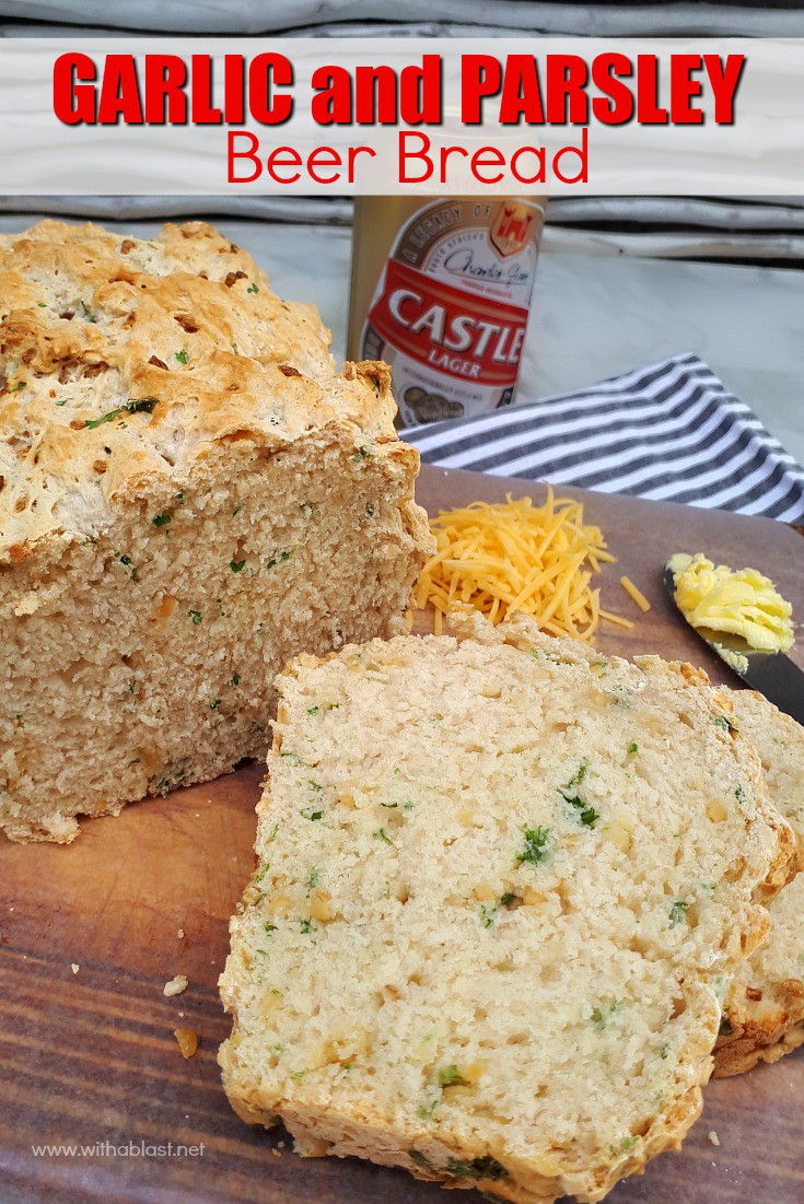 Tasty, quick and easy, mix and bake recipe for a Garlic and Parsley Beer Bread to serve as a side instead of dinner rolls or as a snack #BeerBread #GarlicBread #BreadRecipes #QuickBread #SavoryBread #MixAndBakeBread #NoKneadBread #NoYeastBread