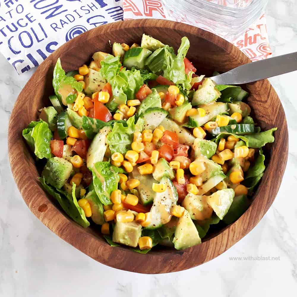 This Avocado and Corn Salad is ready within minutes and is ideal to serve with almost all main meals - crunchy, refreshing, healthy and always a winner #AvocadoSalad #CornSalad #QuickSaladRecipe #ThanksgivingSideSalad #ThanksgivingSalad