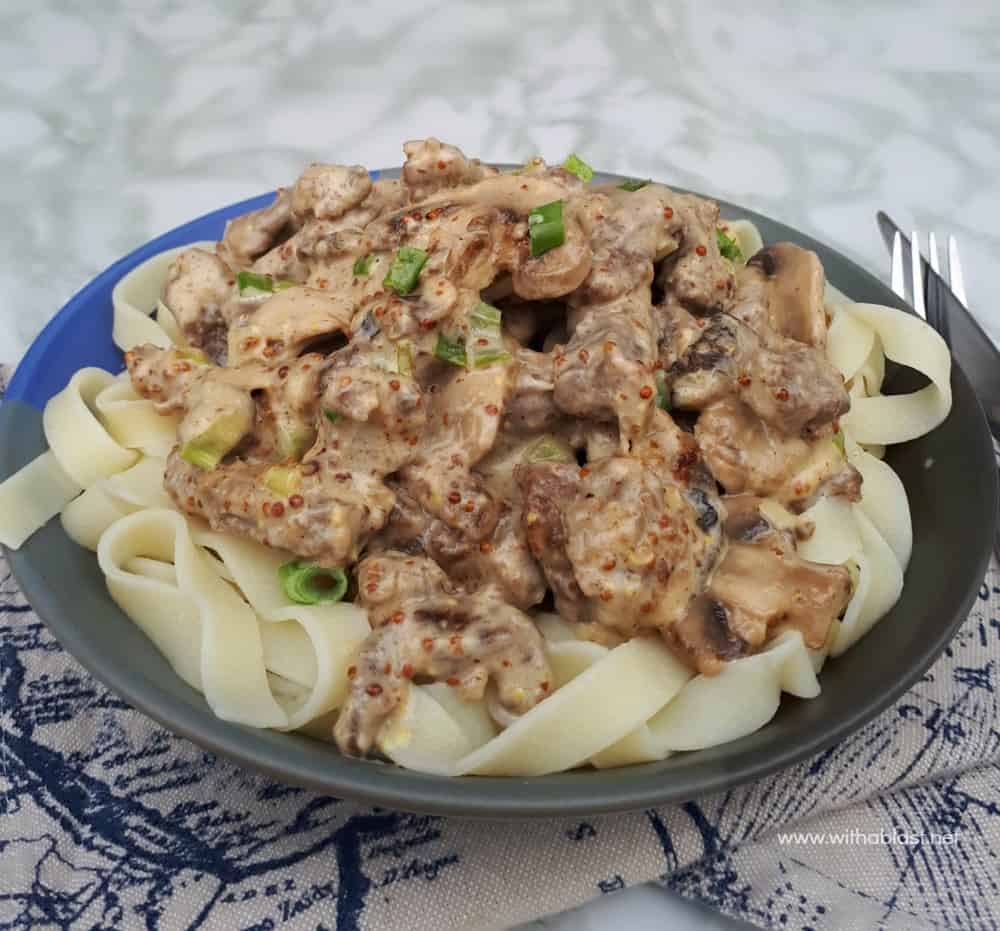 Beef Stroganoff with Wholegrain Mustard is a delicious alternative to the usual Stroganoff - made with all pantry ingredients within 15-20 minutes