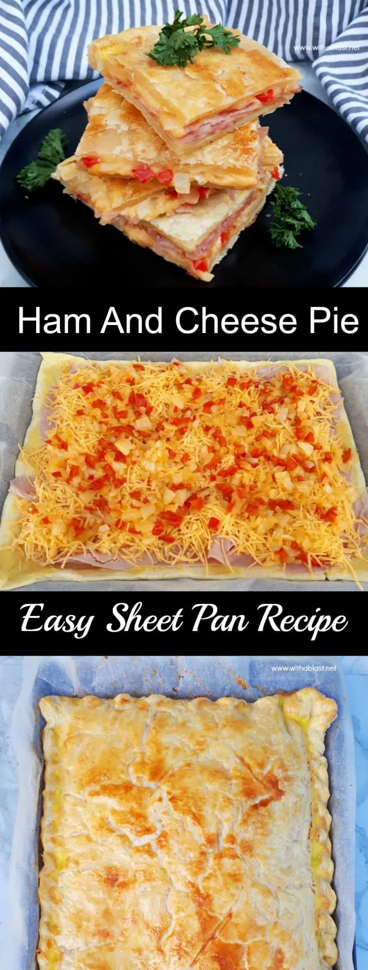 Ham and Cheese Pie is so quick and easy to make using a sheet pan and you can easily fit two pans into your oven - serve as a snack, breakfast or light dinner #SavoryPies #HamAndCheesePie #SheetPanRecipes #QuickAndEasyRecipes #SheetPanPie #SavoryPies
