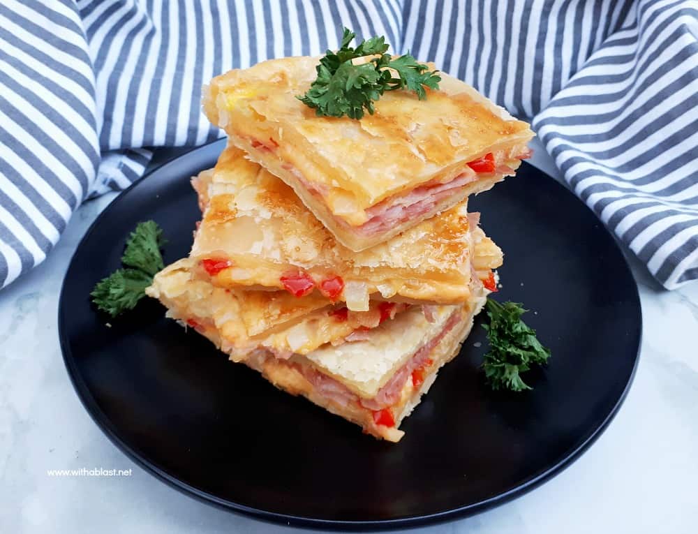 Ham and Cheese Pie is so quick and easy to make using a sheet pan and you can easily fit two pans into your oven - serve as a snack, breakfast or light dinner