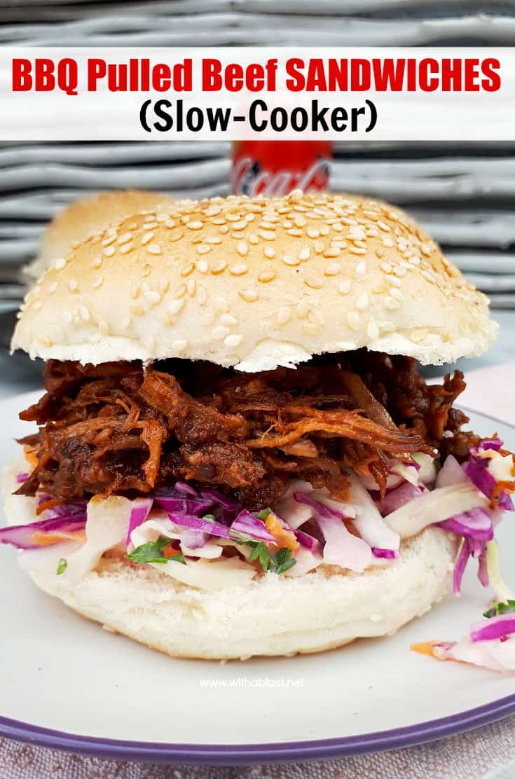 Very tasty BBQ Pulled Beef Sandwiches made with beef short rib and cooked in the Slow-Cooker - always a winner with the coleslaw #SlowCookerBeef #ShortRibRecipes #BBQBeef #PulledBeefRecipe #PulledBeefSandwiches #BBQPulledBeef #GameDay