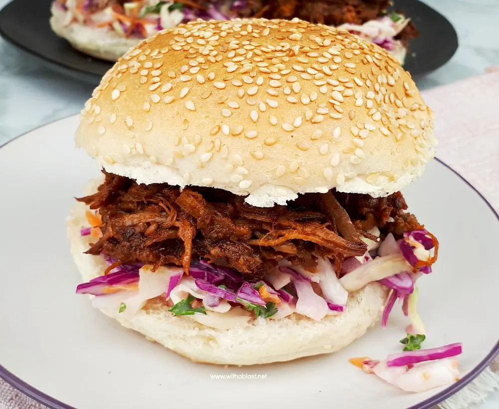 Very tasty BBQ Pulled Beef Sandwiches made with beef short rib and cooked in the Slow-Cooker - always a winner with the coleslaw