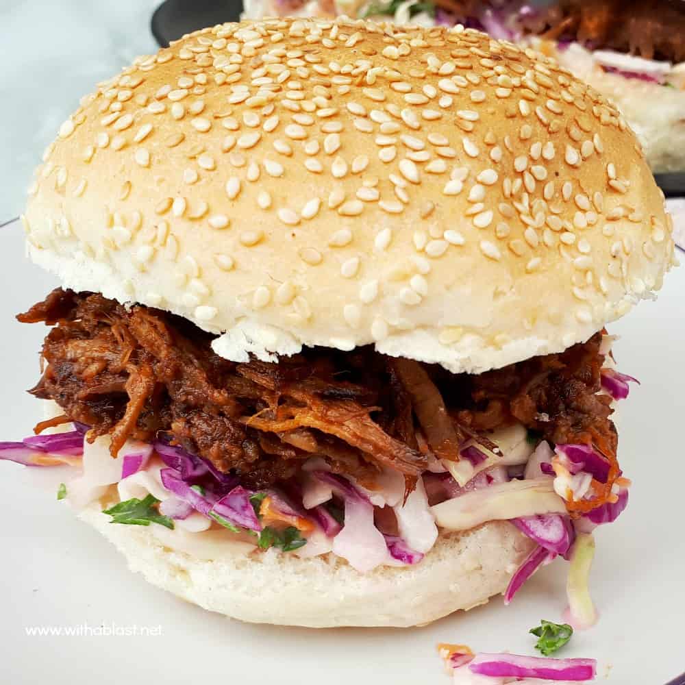 Very tasty BBQ Pulled Beef Sandwiches made with beef short rib and cooked in the Slow-Cooker - always a winner with the coleslaw