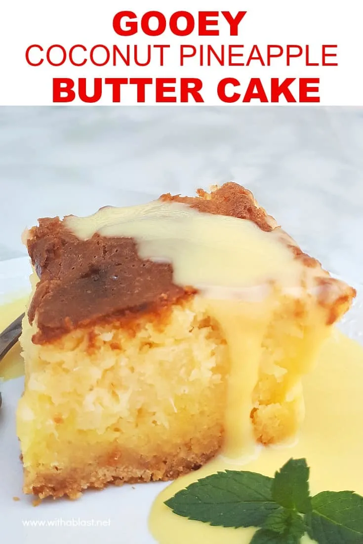 Gooey Coconut Pineapple Butter Cake is a moist, delicious cake and no need for frosting. Easy cake starting with a cake mix and with cream cheese too! #CoconutCake #ButterCake #PineappleCake #PineappleAndCoconutCake #GooeyCakeRecipe #CakeRecipe #DecadentCakeRecipes