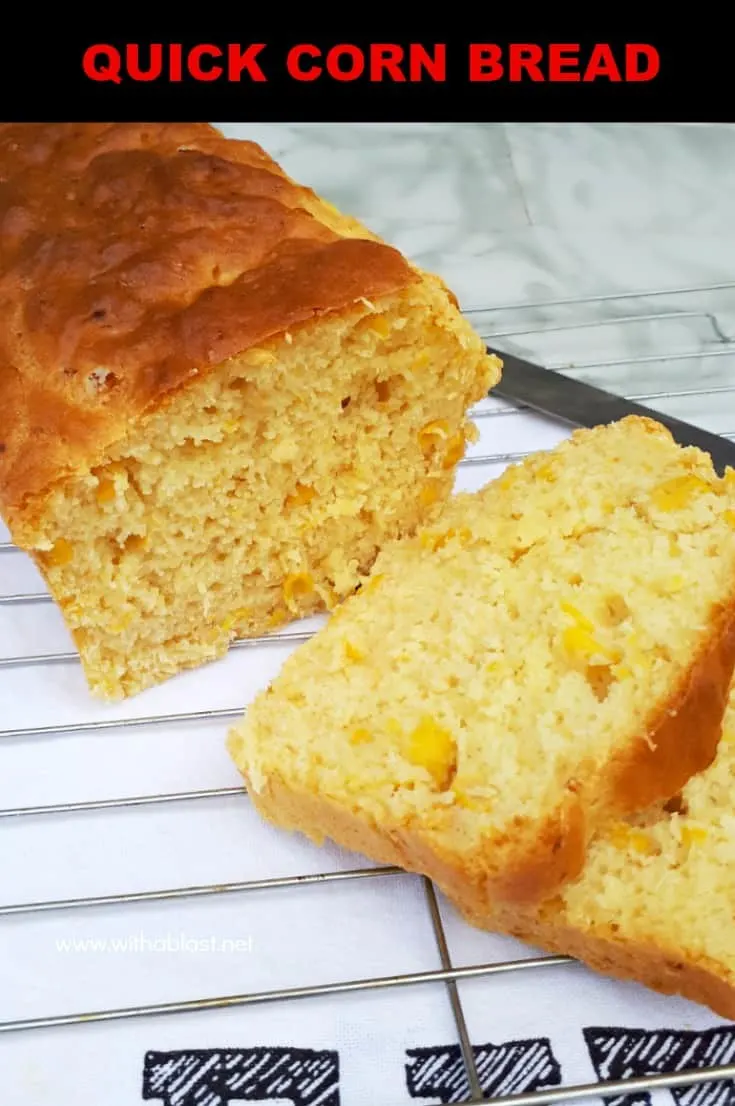 This recipe for a Quick Corn Bread (with actual corn) is so simple - mix, bake and serve ! The bread makes the perfect side to a main meal, or enjoy as a snack #QuickBread #BreadRecipe #HomemadeBread #CornBread #SnackRecipe #SideRecipe