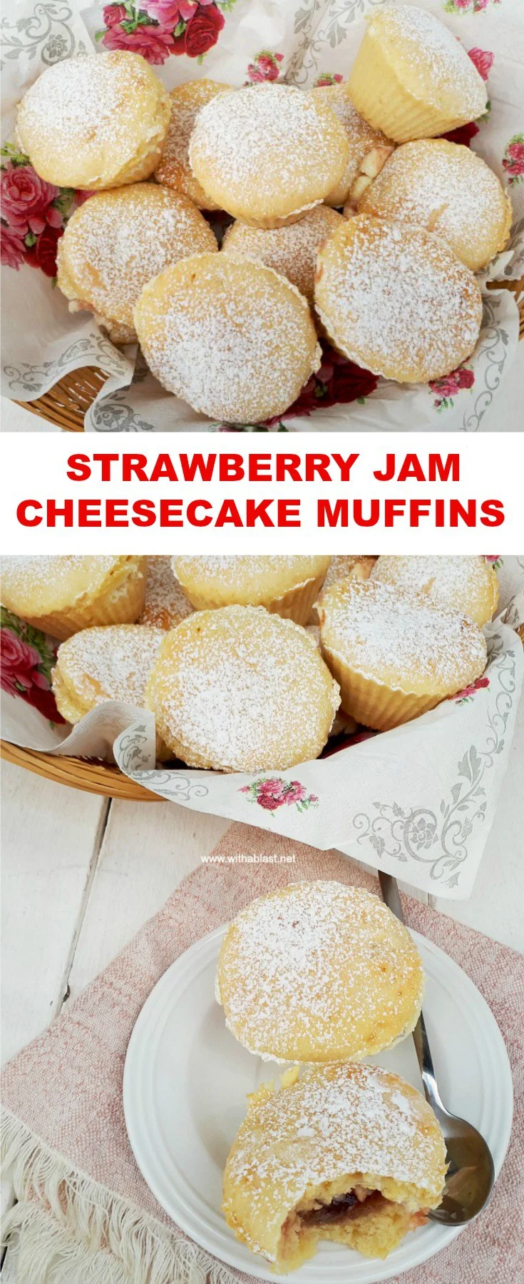Strawberry Jam Cheesecake Muffins are a delicious addition to a tea time plate, breakfast and can even be served as a light dessert #MuffinRecipes #EasyStuffedMuffins #StrawberryMuffins