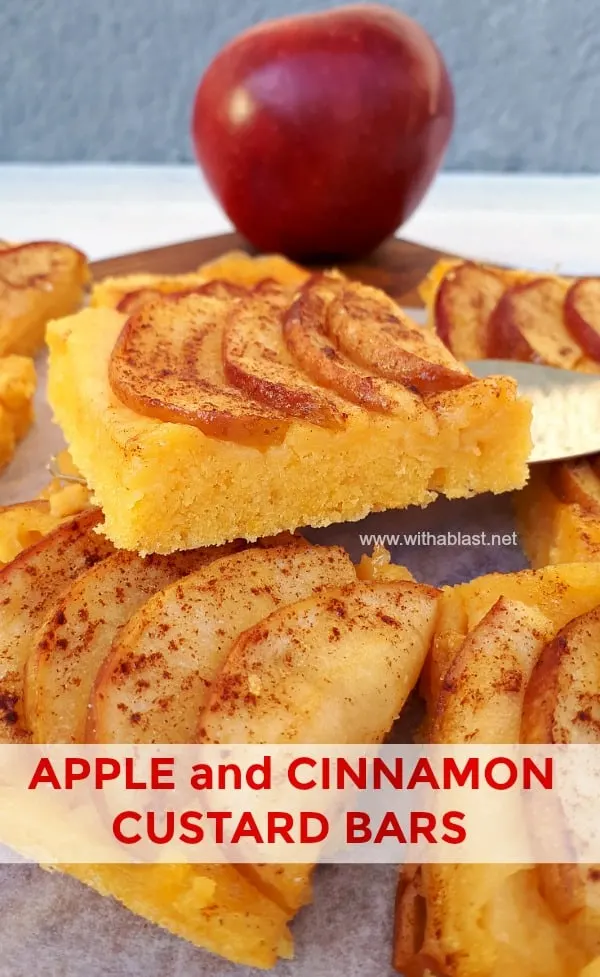 Apple and Cinnamon Bars - Soft Cake bottom, creamy Custard filling and Caramelized Apple topping baked all at once makes a delicious Fall dessert