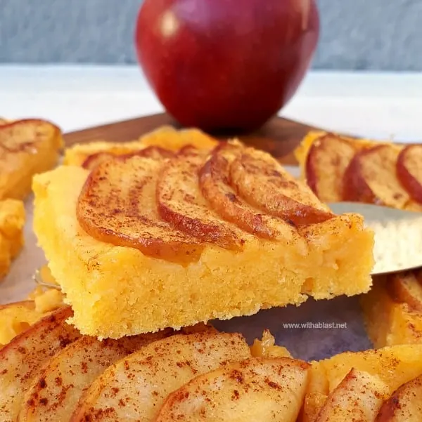 Apple and Cinnamon Bars - Soft Cake bottom, creamy Custard filling and Caramelized Apple topping baked all at once makes a delicious Fall dessert