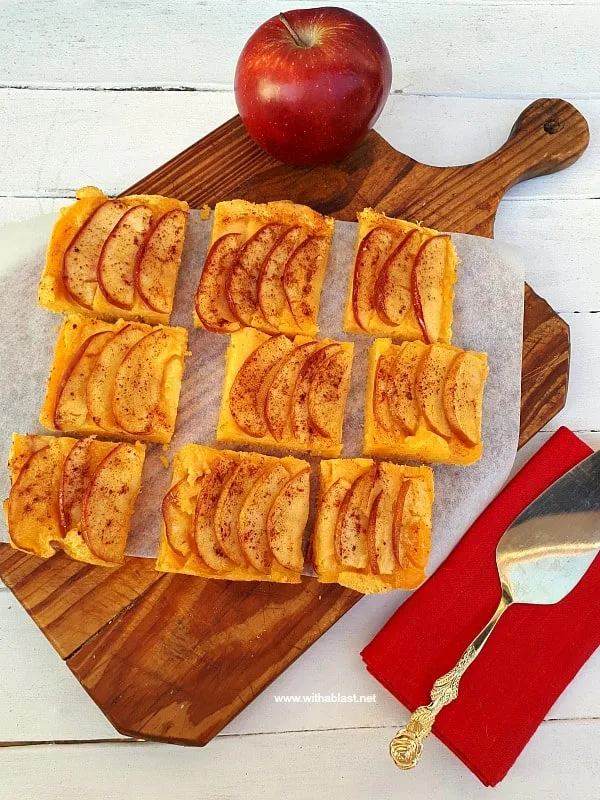 Apple and Cinnamon Bars - Soft Cake bottom, creamy Custard filling and Caramelized Apple topping baked all at once makes a delicious Fall dessert