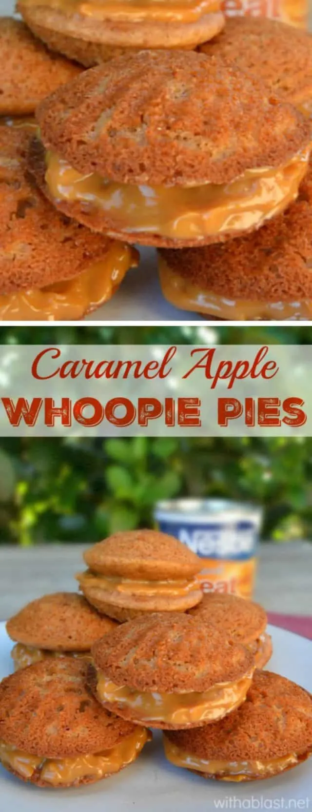 Sticky, moist delicious Caramel Apple Whoopie Pies ~ I can never have enough of these delightful sweet treats ! #CaramelApple #ApplePies #CaramelPies #WhoopiePies