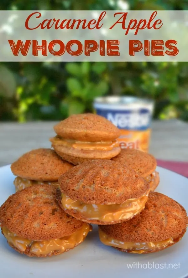 Sticky, moist delicious Caramel Apple Whoopie Pies ~ I can never have enough of these delightful sweet treats ! #CaramelApple #ApplePies #CaramelPies #WhoopiePies