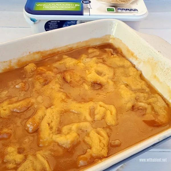 Comfort food ! After this pudding is baked it gets mixed up and then served (saucy, gooey delicious!)