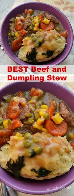Comfort food at it's best - hearty Beef stew with a thick sauce and featherlight Dumplings