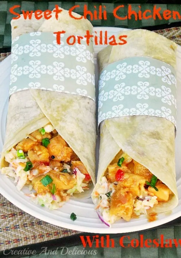 These Sweet Chili Chicken Tortillas with Coleslaw is a delicious, filling light dinner or lunch and is packed with sweet, sour and salty flavors #SweetChiliChicken #ChickenWraps #ColeslawRecipe