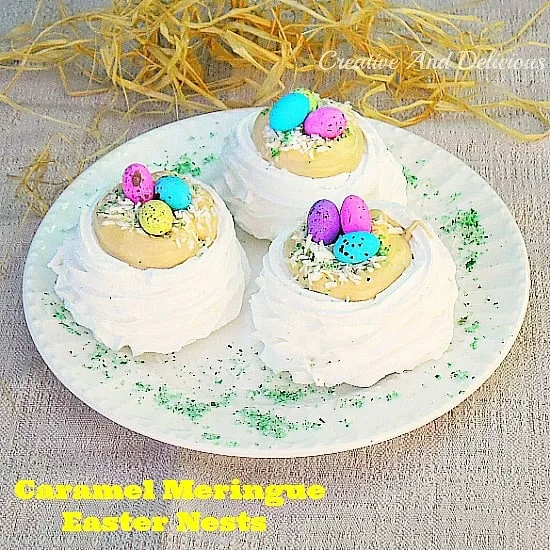 Caramel Meringue Easter Nests ~ Quick, easy and fun Easter treats ! www.withablast.net Caramel Meringue Easter Nests