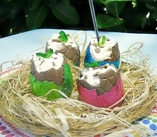 Chocolate Chip Cream Filled Eggs ~ Turn a plain, hollow chocolate Easter Egg in a delicious filled dessert www.withablast.net Chocolate Chip Cream Filled Eggs