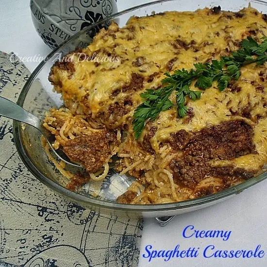 Creamy Spaghetti Casserole is a simple yet delicious, pasta casserole, which is very filling. With ground beef, pasta sauce, ricotta cheese and more.