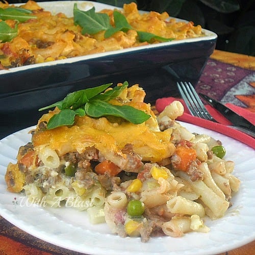 All-In-One Creamy Pasta Casserole ~ Pasta, veggies, beef and a creamy sauce, all in one dish, make this a family favorite #Casserole #AllInOneMeal