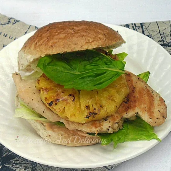 Lime and Pineapple Chicken Burger ~ Grilled Pineapple and Chicken on a burger is a winner with 1000 Island Dressing instead of a rich mayo sauce #ChickenBurger #Healthy #LowFat Lime and Pineapple Chicken Burger