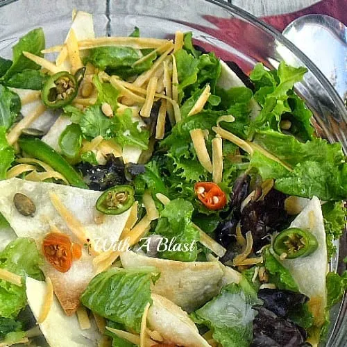 Everything nice and spicy in this Mad Dog Salad ! Crunchy Tortilla chips, herbs, lettuce, nuts, seeds and so much more 
